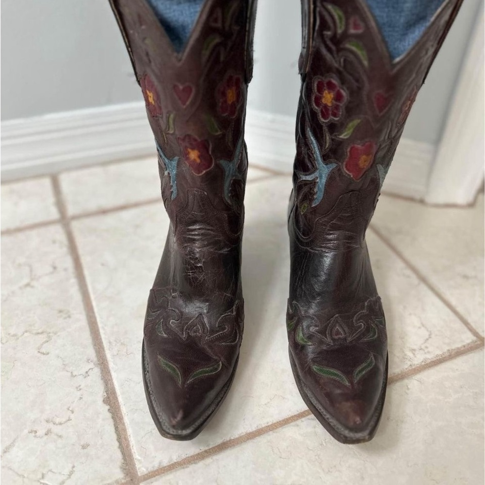 Dan Post Heeled Boots in Brown and Red with Western Stitching